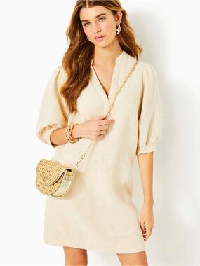 NWT Lilly Pulitzer Mialeigh Lagoon Linen Dress Puff Sleeve Sand Bar Tan Size 10